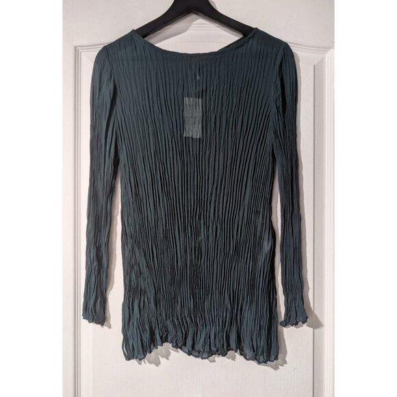 Eileen Fisher | Crinkled Sheer Silk Georgette Bateau Neck Long Top Aegean Green - Picture 5 of 12
